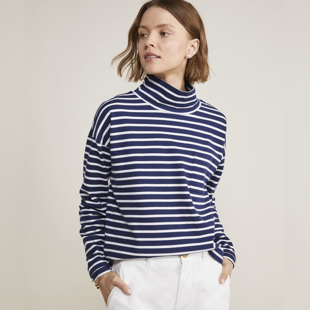 VINEYARD VINES Breton Stripe Funnel Neck Top Organic Cotton Jersey Boxy Fit